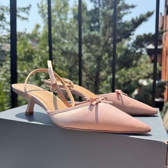 Reformation Wade Kitten Heel Sandals Slingback Bow Silk Pink 8.5 - Picture 4 of 16